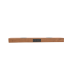 Wooden soundbar viewed from the front with a central back panel of input ports visible on the edge of the bar