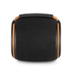 Portable black fabric speaker with orange accents and a curved top handle viewed from the front