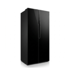 Black French door refrigerator with two tall doors and slim vertical handle set against a white background