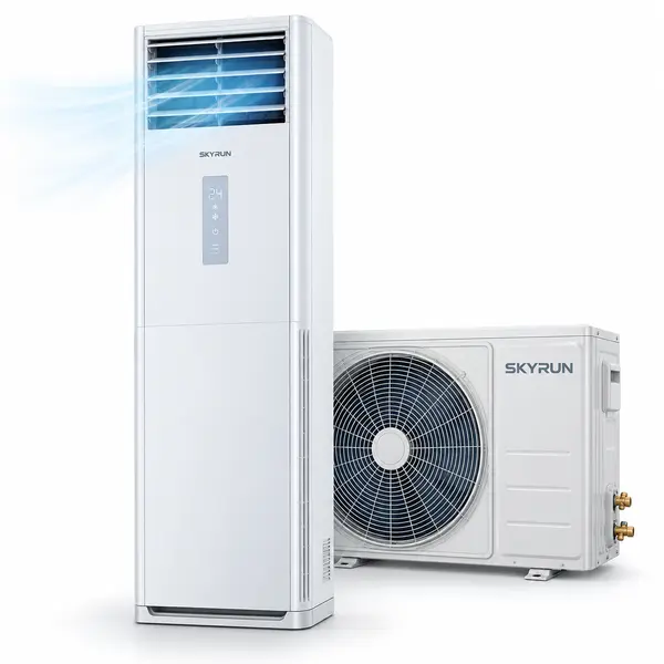 Image of Skyrun Floor Standing AC showing the Standing indoor unit and Outdoor unit
