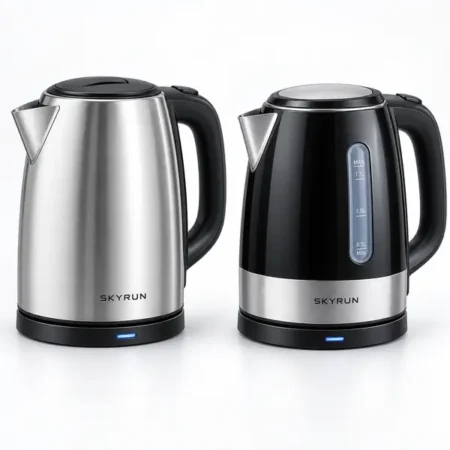 Two Skyrun electric kettles side by side, one stainless steel and one black with a water‑level gauge, on a white background.