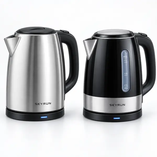 Two Skyrun electric kettles side by side one stainless steel and one black with a waterlevel gauge on a white background