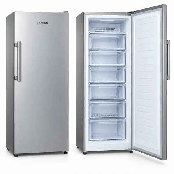 Animage of Skyrun Upright Standing Freezer showing the front view and inside view together