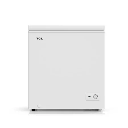 White TCL compact single door mini fridge with a small control dial on the lower right corner
