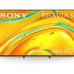 Front view of a Sony Bravia 5 Mini LED TV on a white background a bright orange abstract screen graphic shown across the bezel