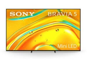 Front view of a Sony Bravia 5 Mini LED TV on a white background a bright orange abstract screen graphic shown across the bezel