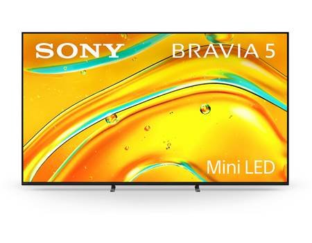 Sony 65 Inch BRAVIA 5 4K Smart TV K65XR50 | Mitos Shoppers Front view of a Sony Bravia 5 Mini LED TV on a white background a bright orange abstract screen graphic shown across the bezel