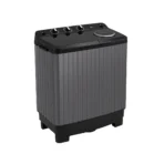 Compact topload washing machine with a ribbed gray body and black lid control panel on top