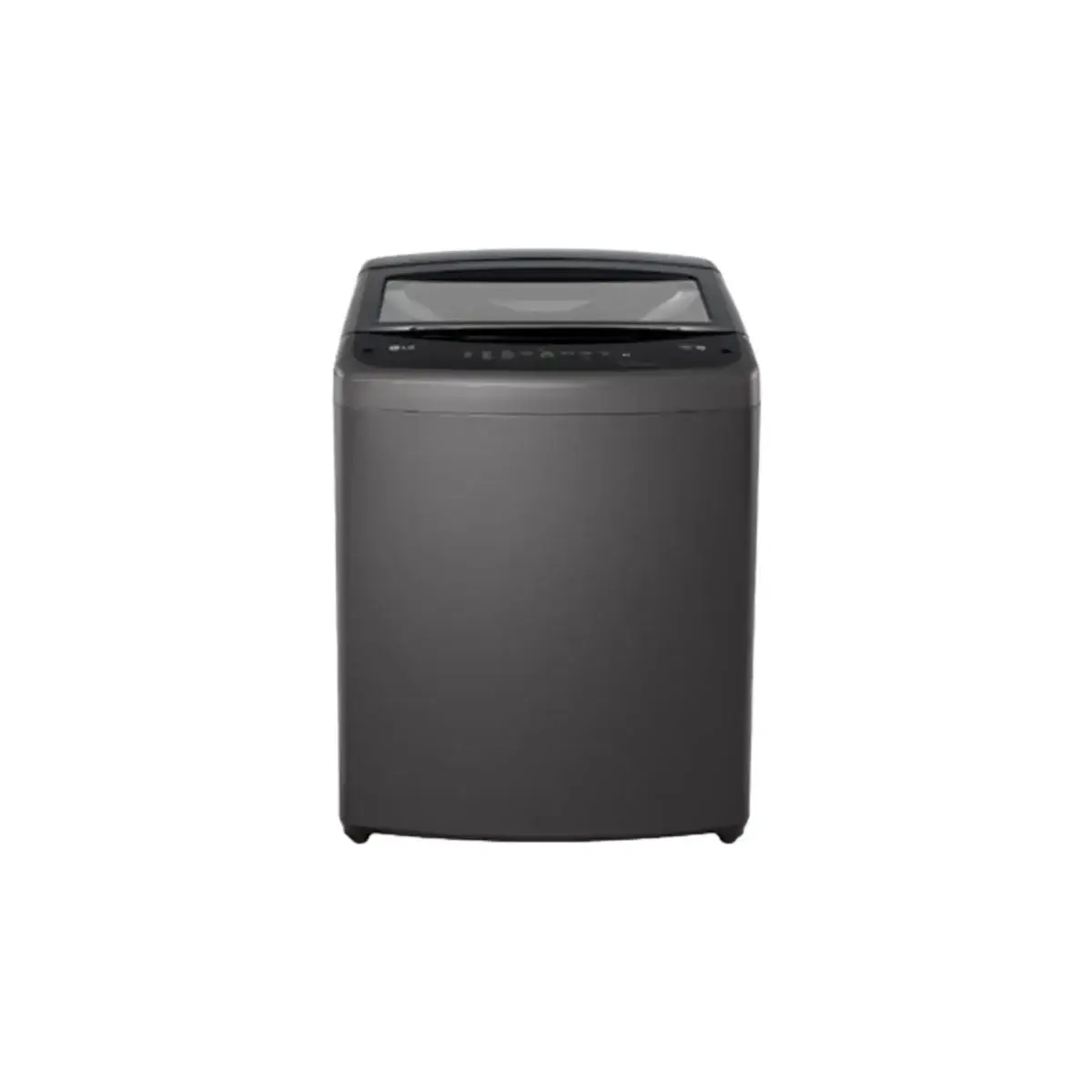 Front view of a dark gray top loading washing machine with the lid closed and control panel at the top