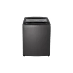 Front view of a dark gray top loading washing machine with the lid closed and control panel at the top