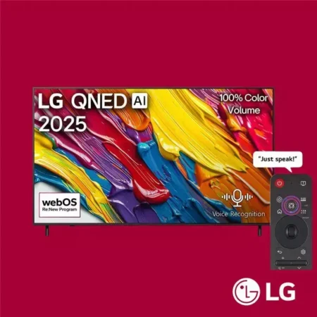 LG QNED AI 2025 TV with vibrant paint swirls remote on the right speech bubble Just speak LG logo