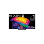 LG OLED evo AI TV packaging with a bright rainbow swirl graphic on a black box 2026 model