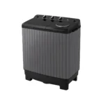 Portable top loading washing machine with a ribbed gray body and black lid compact design for apartments LG