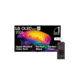 LG OLED evo AI 2026 TV with a vibrant rainbow swirl graphic and a separate black remote control beside it