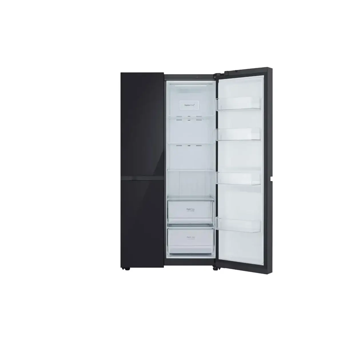 Tall black refrigerator with one door open showing empty shelves and crisper drawers inside