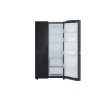 Tall black refrigerator with one door open showing empty shelves and crisper drawers inside