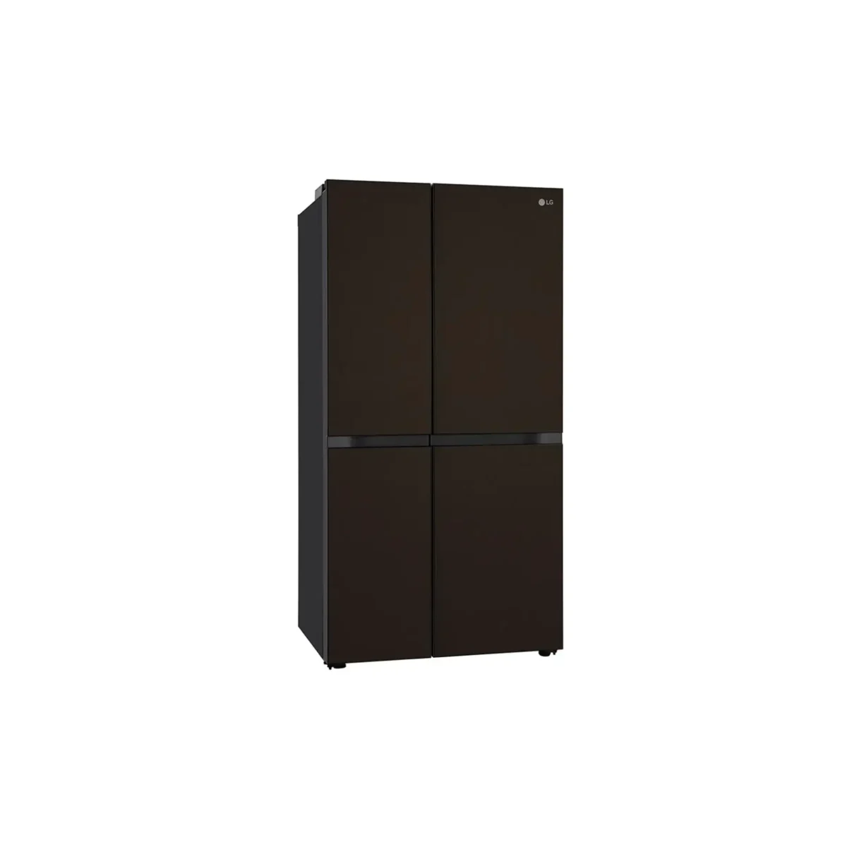 Tall dark brown LG refrigerator with two upper doors and a bottom freezer drawer