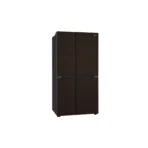 Tall dark brown LG refrigerator with two upper doors and a bottom freezer drawer