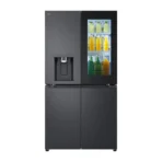 LG black French door refrigerator with external water dispenser and bottom freezer right door shows bottled drinks in shelves