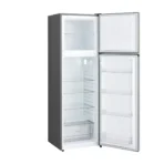 Tall two door refrigerator with a top left freezer and a bottom refrigerator compartment both doors open showing interior shelves and drawers