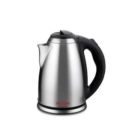 Stainless steel electric kettle with a black handle and base on a white background.