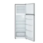 Open white two door refrigerator with a top freezer empty shelves and door bins visible inside