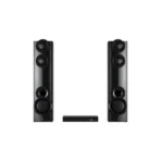 Two tall black floor standing speakers flanking a slim black AV receiver between them for a home theater setup