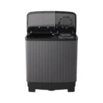 Gray top loading washing machine with the lid open showing the agitator and drum area