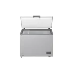 Open top chest freezer with a wire basket and divided interior on a grey body outside a white background