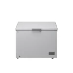 LG chest freezer with front latch and small wheels on a white background silver finish