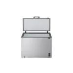 Chest freezer with lid open showing empty frozen storage interior and stainless steel exterior